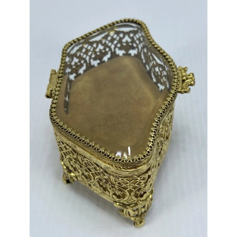 Vintage Jewelry Box Casket Filigree Ormolu Style Footed Hollywood Regency Glass